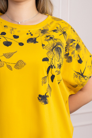Tricou galben casual cu imprimeuri florale negre [1]