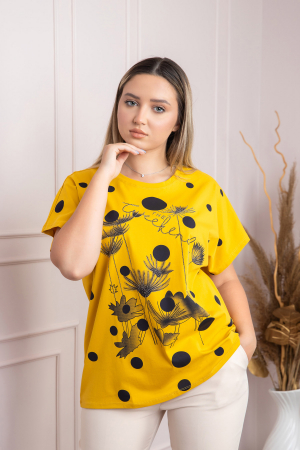 Tricou galben cu strasuri si imprimeuri florale negre [2]