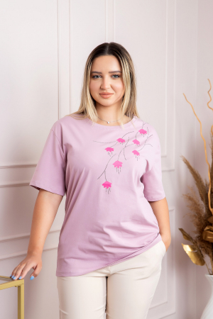 Tricou lila casual cu imprimeu floral roz [2]