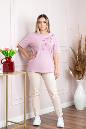 Tricou lila casual cu imprimeu floral roz [3]