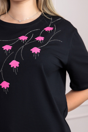 Tricou negru casual cu imprimeu floral roz [1]