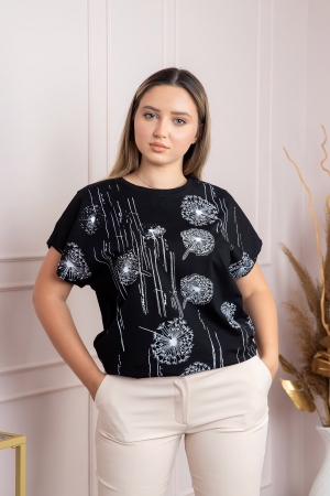 Tricou negru casual cu imprimeu papadii [2]