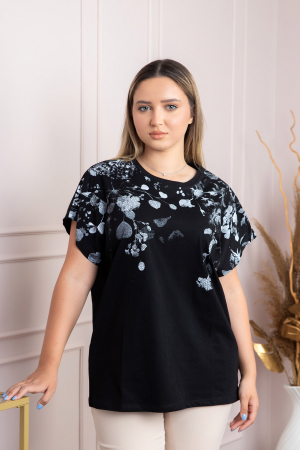 Tricou negru casual cu imprimeuri florale albe [2]