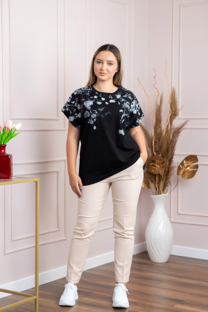 Tricou negru casual cu imprimeuri florale albe [3]