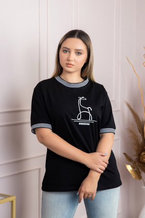 Tricou negru cu imprimeu minimalist si detalii in dungi [2]