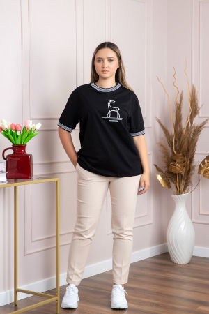 Tricou negru cu imprimeu minimalist si detalii in dungi [3]