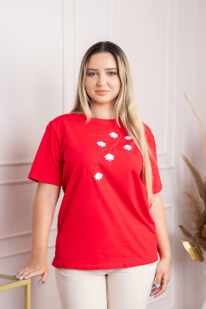 Tricou rosu casual cu imprimeu floral alb [2]