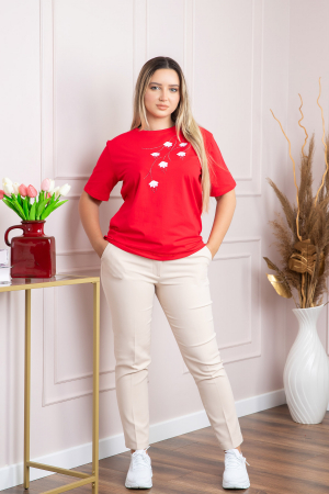 Tricou rosu casual cu imprimeu floral alb [3]