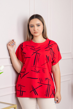 Tricou rosu cu strasuri si imprimeu grafic negru [2]