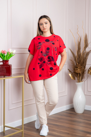 Tricou rosu cu strasuri si imprimeuri florale negre [3]