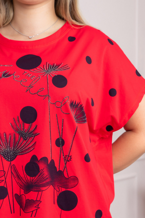 Tricou rosu cu strasuri si imprimeuri florale negre [1]