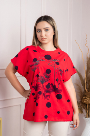Tricou rosu cu strasuri si imprimeuri florale negre [0]
