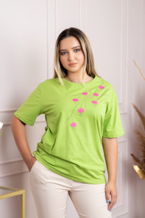 Tricou verde lime casual cu imprimeu floral roz [2]
