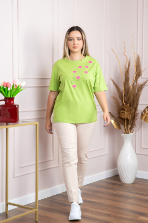 Tricou verde lime casual cu imprimeu floral roz [3]