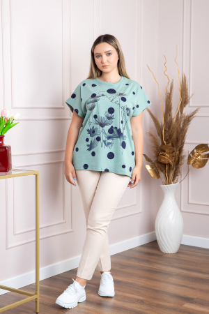 Tricou verde mint cu strasuri si imprimeuri florale bleumarin [3]