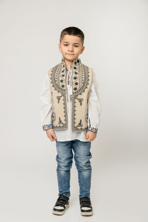 Vesta traditionala de baieti crem cu broderie florala neagra Catalin 01 [2]