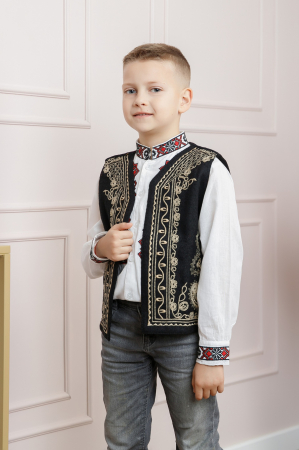 Vesta traditionala de baieti neagra cu broderie florala crem Emil 01 [2]