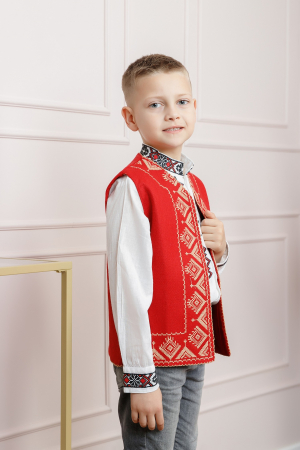 Vesta traditionala de baieti rosie cu broderie geometrica crem Flavius [2]