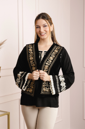Veste si paltoane traditionale - Vesta traditionala neagra cu broderie florala aurie Maria 03