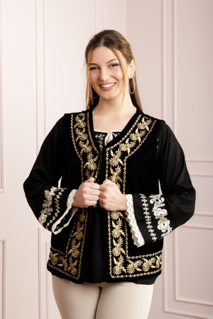 Vesta traditionala neagra cu broderie florala aurie Melania [0]