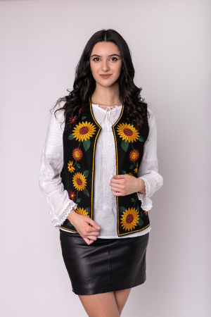 Veste si paltoane traditionale - Vesta traditionala neagra cu broderie florala galbena Sorana