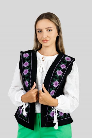Veste si paltoane traditionale - Vesta traditionala neagra cu broderie florala mov Brandusa