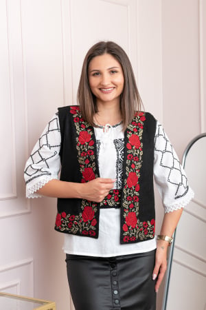 Veste si paltoane traditionale - Vesta traditionala neagra cu broderie florala rosie Flora