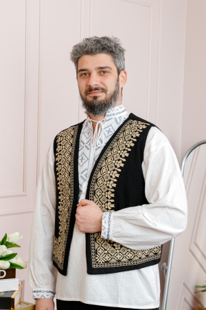 Camasi barbatesti - Vesta traditionala neagra cu broderie geometrica aurie Adrian