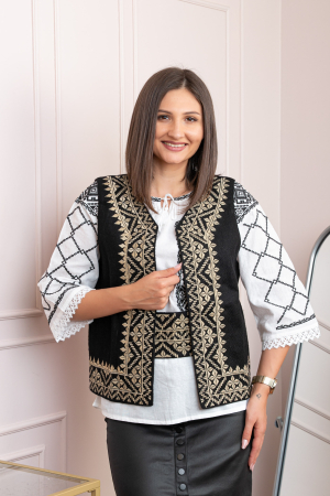 Veste si paltoane traditionale - Vesta traditionala neagra cu broderie geometrica aurie Dorina
