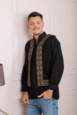 Vesta traditionala neagra cu broderie geometrica crem Ilie [3]