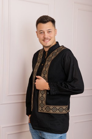 Vesta traditionala neagra cu broderie geometrica crem Ilie [0]