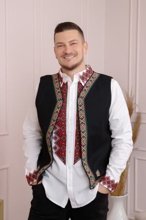 Camasi barbatesti - Vesta traditionala neagra cu broderie geometrica multicolora Radu