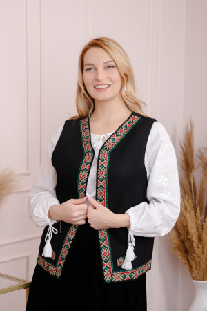 Veste si paltoane traditionale - Vesta traditionala neagra cu broderie geometrica multicolora Rodica