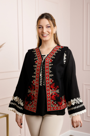 Vesta traditionala neagra cu broderie geometrica multicolora Tania [0]