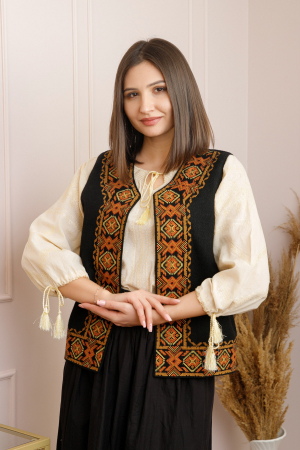 Veste si paltoane traditionale - Vesta traditionala neagra cu broderie geometrica orange Damiana