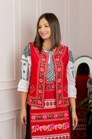 Veste si paltoane traditionale - Vesta traditionala rosie cu broderie florala roz Lacramioara