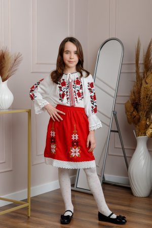 Compleu traditional bicolor pentru fetite cu motiv floral rosu Emilia [2]