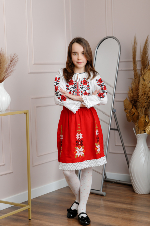 Imbracaminte Fetite - Compleu traditional bicolor pentru fetite cu motiv floral rosu Emilia