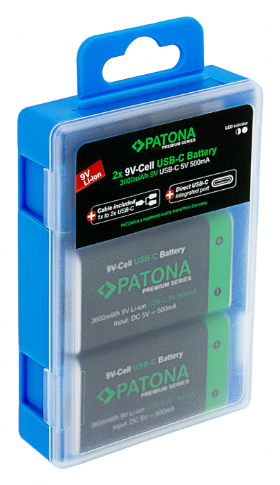 Pachet 2x Acumulatori Patona Premium 9V 6F22 Li-ion 3600mWh cu USB-C, cablu de incarcare inclus [6]