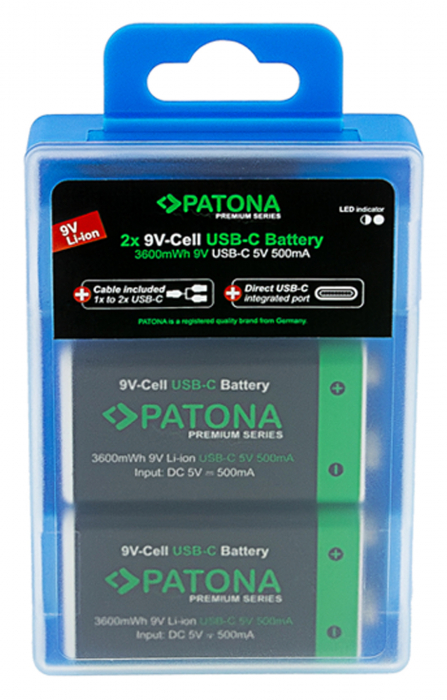 Pachet 2x Acumulatori Patona Premium 9V 6F22 Li-ion 3600mWh cu USB-C, cablu de incarcare inclus [5]