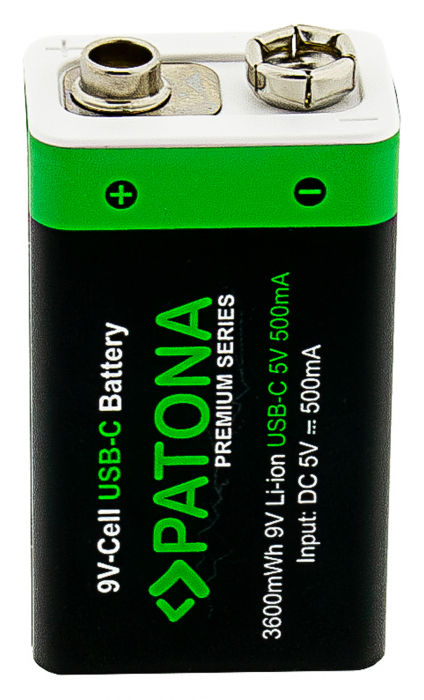 Pachet 2x Acumulatori Patona Premium 9V 6F22 Li-ion 3600mWh cu USB-C, cablu de incarcare inclus [2]