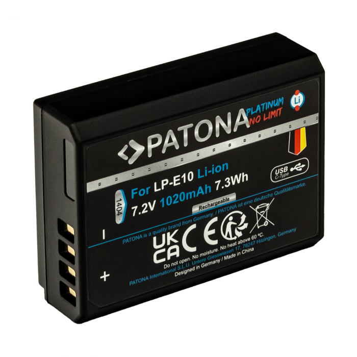 Acumulator cu intrare USB-C pentru Canon LP-E10 EOS 1100D 1020mAh Patona Platinum [2]