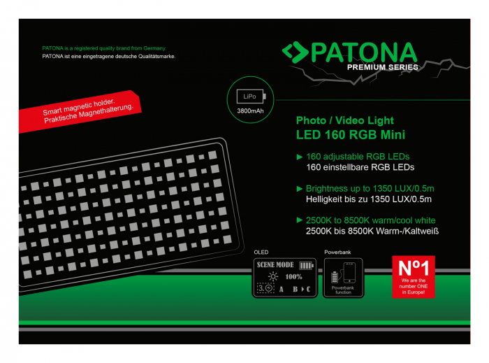 LED foto/video cu 160 de LED-uri RGB reglabile și 3 scene Patona Premium [10]