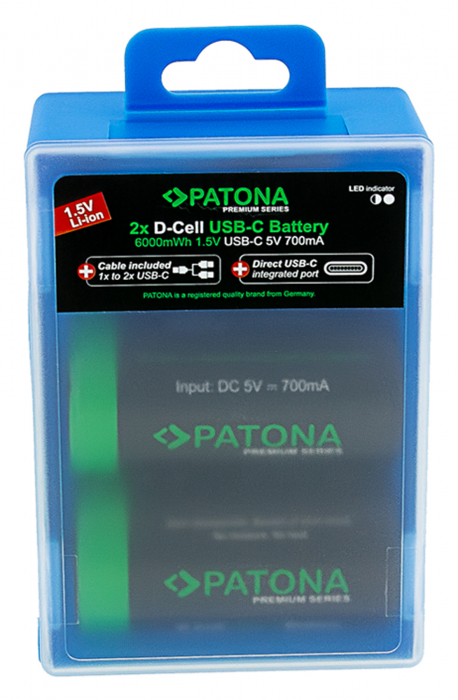 Pachet 2x Acumulatori Patona Premium LR20 Mono Li-ion 4000mAh cu USB-C, cablu de incarcare inclus [6]