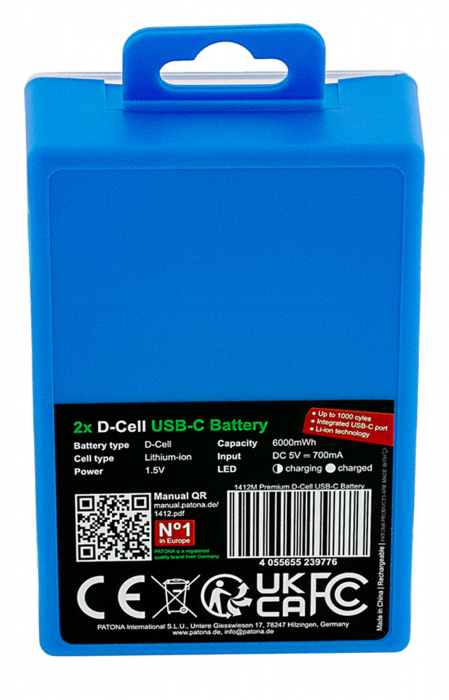 Pachet 2x Acumulatori Patona Premium LR20 Mono Li-ion 4000mAh cu USB-C, cablu de incarcare inclus [8]