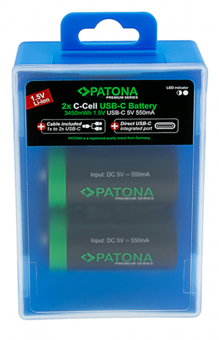 Pachet 2x Acumulatori Patona Premium LR14 Li-ion 3450mWh cu USB-C, cablu de incarcare inclus [6]