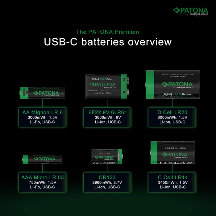 Pachet 2x Acumulatori Patona Premium LR14 Li-ion 3450mWh cu USB-C, cablu de incarcare inclus [11]