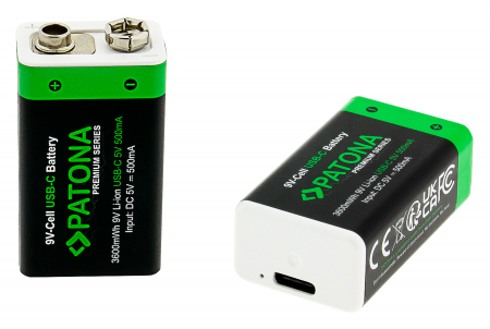 Pachet 2x Acumulatori Patona Premium 9V 6F22 Li-ion 3600mWh cu USB-C, cablu de incarcare inclus [3]