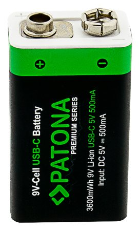 Pachet 2x Acumulatori Patona Premium 9V 6F22 Li-ion 3600mWh cu USB-C, cablu de incarcare inclus [1]