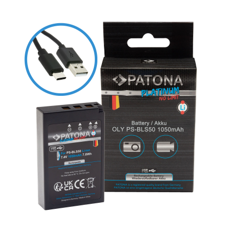Aparate foto - Acumulator cu intrare USB-C pentru Olympus BLS-5 E-P3 E-PL2 E-PL3 E-PM1 1050 mAh Patona Platinum
